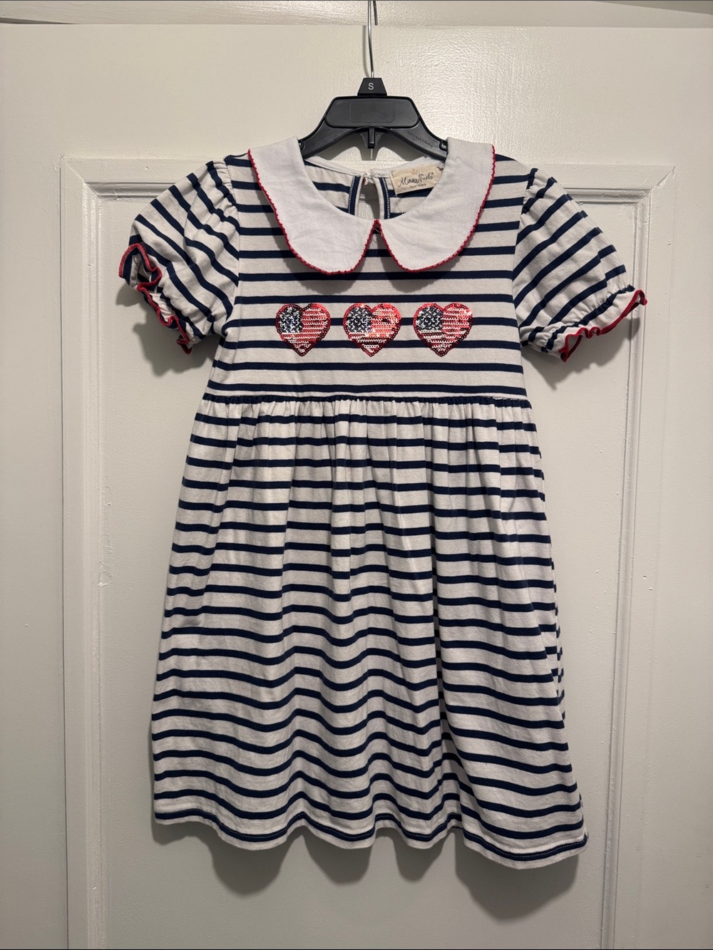 Nautical Girls Navy & White Striped Dress with Red Trim and Heart Appliqués